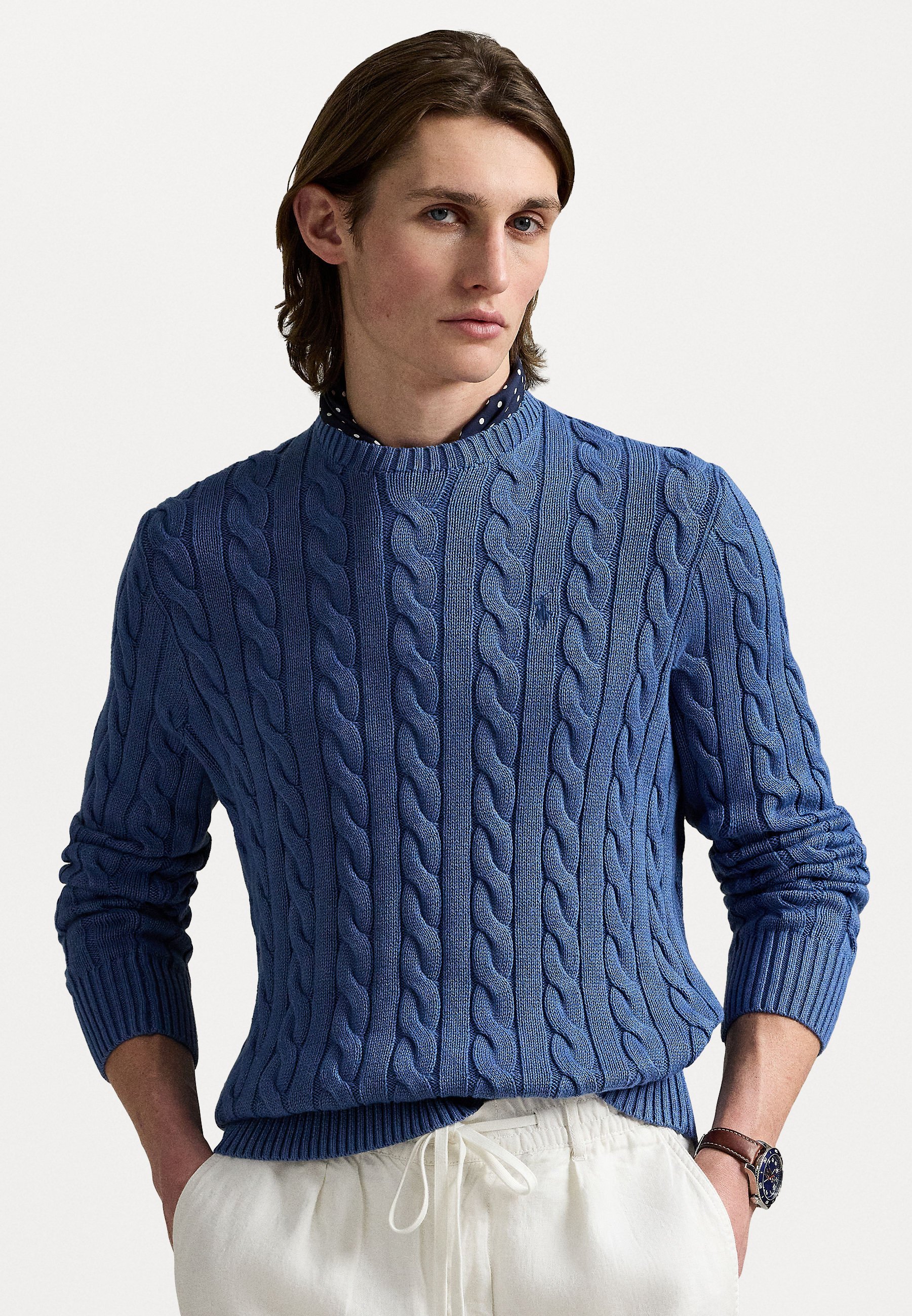 Maglione Polo Ralph Lauren in cotone tinto in capo con lavorazione a trecce - blu navy