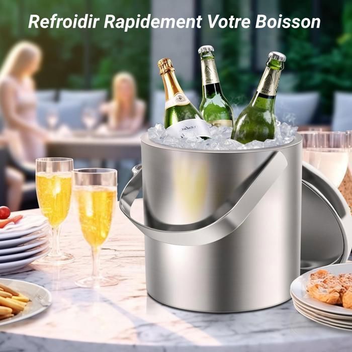 Balde de gelo, balde de champanhe de parede dupla, refrigerador de garrafas de 1,2L, balde de gelo em aço inoxidável com pinça e tampa.