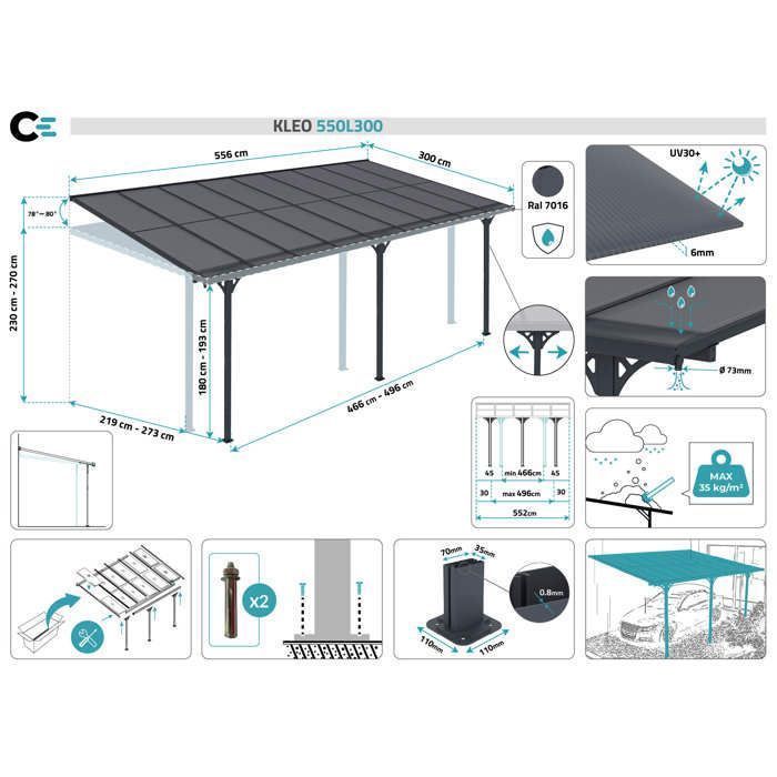 Cochera adosada KLEO Cazeboo, refugio para coches de aluminio de 5,5 x 3 m, techo de policarbonato gris, 16,5 m²