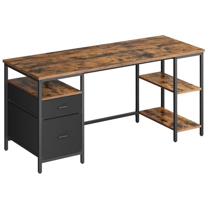 Scrivania per computer con vani portaoggetti, 3 ripiani, 2 cassetti, 160 x 60 x 76 cm, per ufficio e soggiorno, marrone rustico e nero opaco.