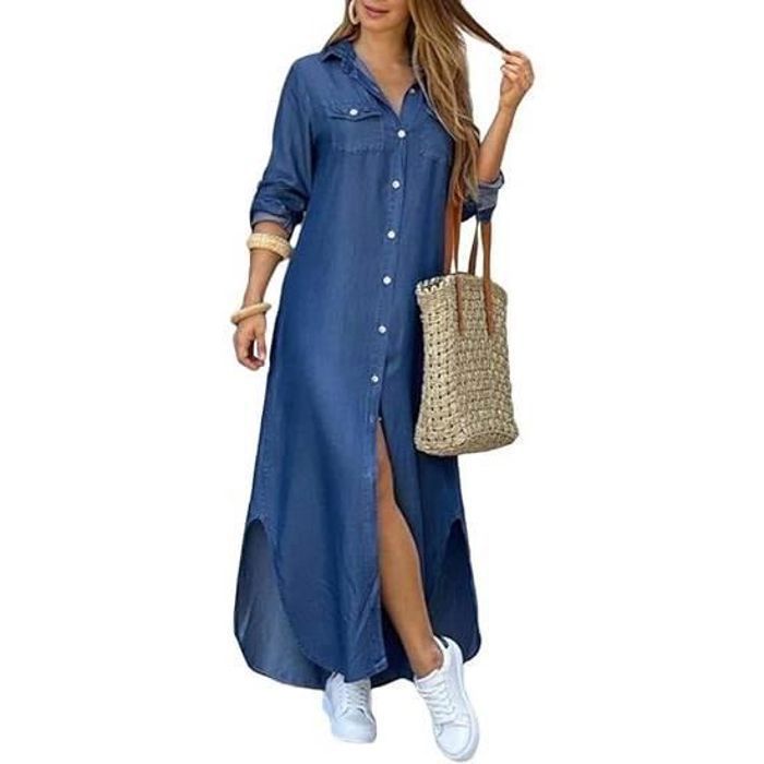 Vestido vaquero retro de verano para mujer, túnica informal con cuello en V, camisa larga holgada, blusa vaquera maxi.