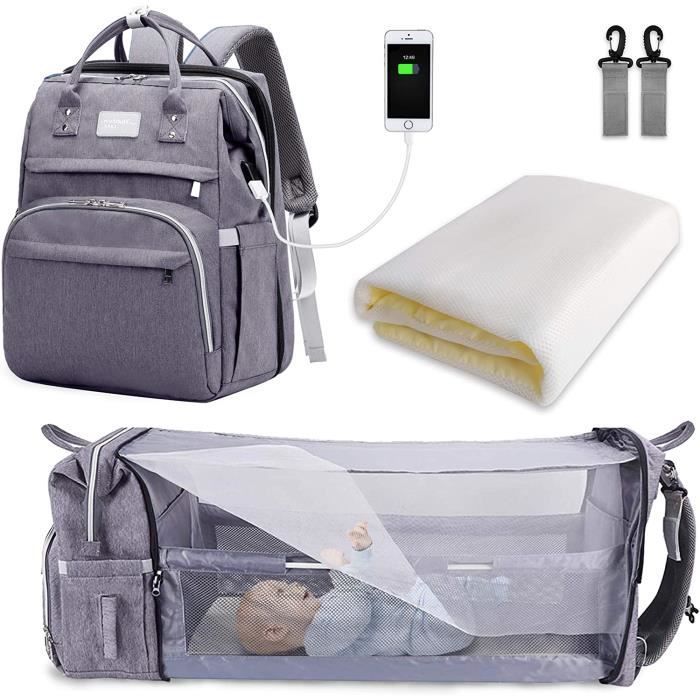 Sac à Dos à Langer pour Bébé - DARMOWADE - Week-end - Gris - Grande Capacité - Lit Pliable