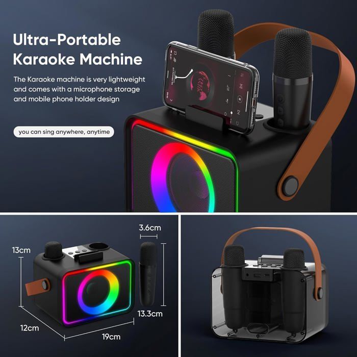 Máquina de karaoke con 2 micrófonos para adultos y niños, altavoz de karaoke Bluetooth portátil para adultos y niños.