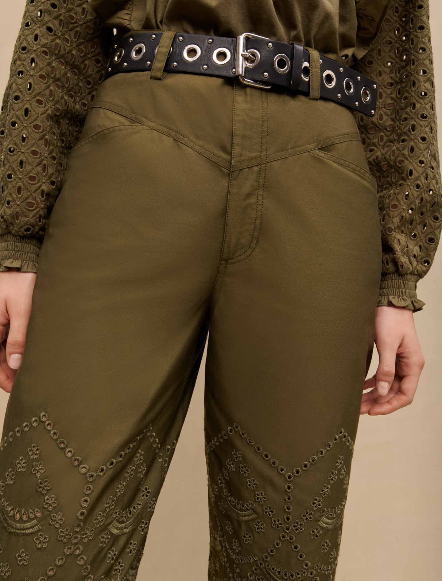 Pantaloni din bumbac brodați - Kaki