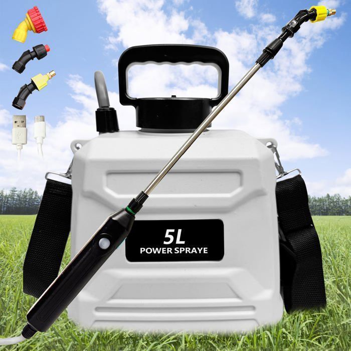 Spruzzatore elettrico da giardino da 5 V/2400 mAh, con serbatoio dell'acqua da 5 litri, erogatore retrattile con 3 ugelli regolabili.