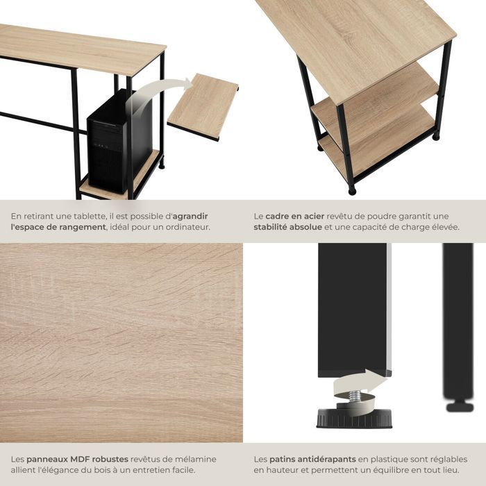 Bureau - TECTAKE - Table de bureau en L HAMILTON avec 2 compartiments 138 x 138 x 75,5 cm - Bois clair