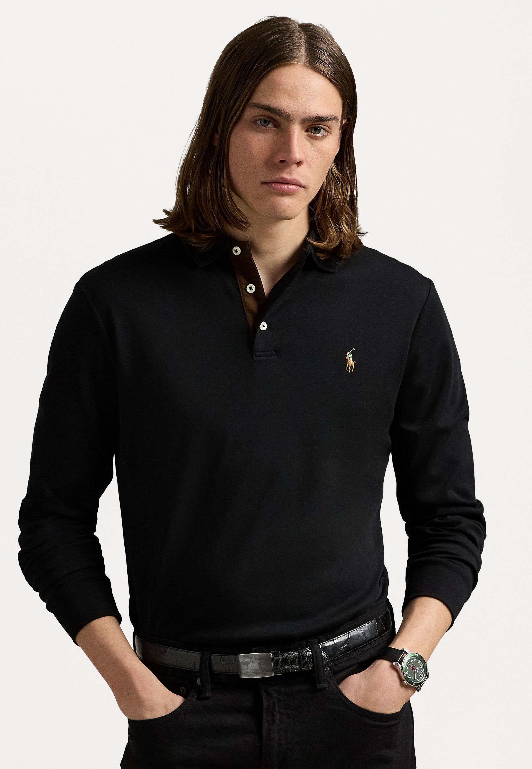 Polo Ralph Lauren CUSTOM SLIM FIT POLOSHIRT VAN ZACHT KATOENEN - Top met lange mouwen - zwart