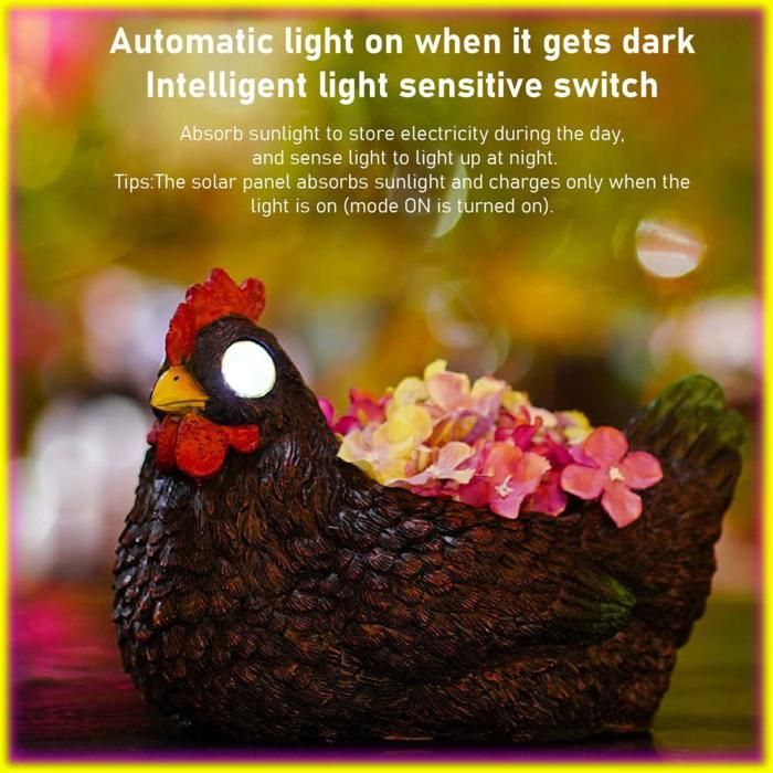 Maceta de resina con forma de gallina para suculentas de keenso con luz solar con sensor de luz automático para jardín artificial, marrón/negro.