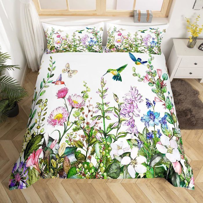 Juego de funda nórdica de colibríes, juego de ropa de cama de aves tropicales, 140x200cm, funda nórdica de flores y colibríes para niños
