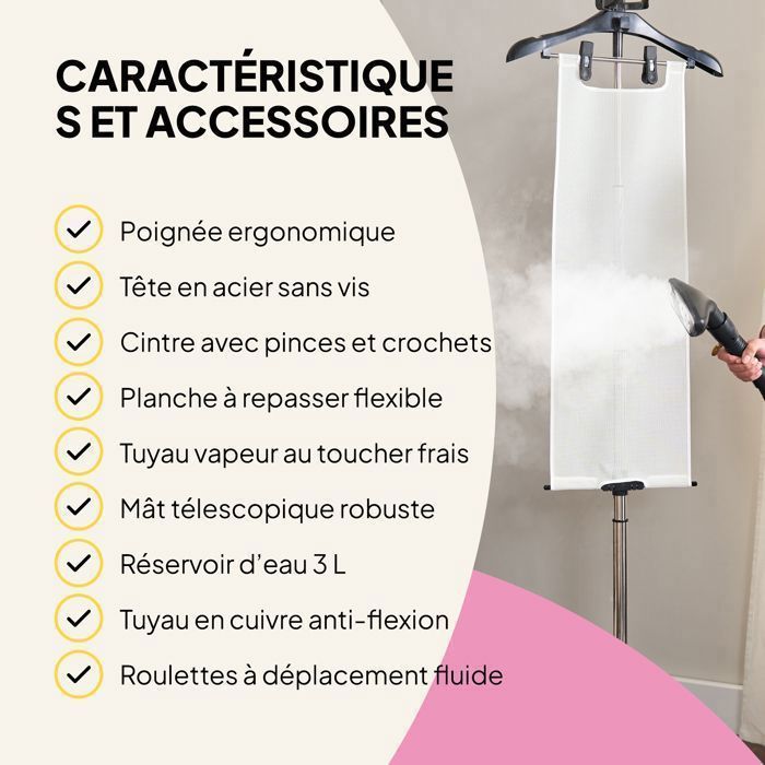 Défroisseur vapeur Fridja f1200 Pro 2200W – réservoir 3L, tige télescopique, semelle inox, accessoires