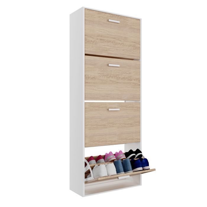 CASABEL Schoenenkast voor 24 paar schoenen - Grote capaciteit voor de hal - B60xD24xH150 cm - Licht houten deuren, wit frame