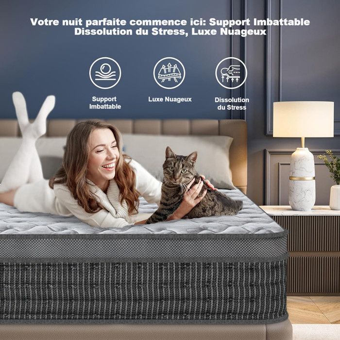 Colchón de 160x200 cm, 27 cm de grosor con núcleo de muelles ensacados + espuma viscoelástica, certificado Oko-Tex/ergonómico de 7 zonas