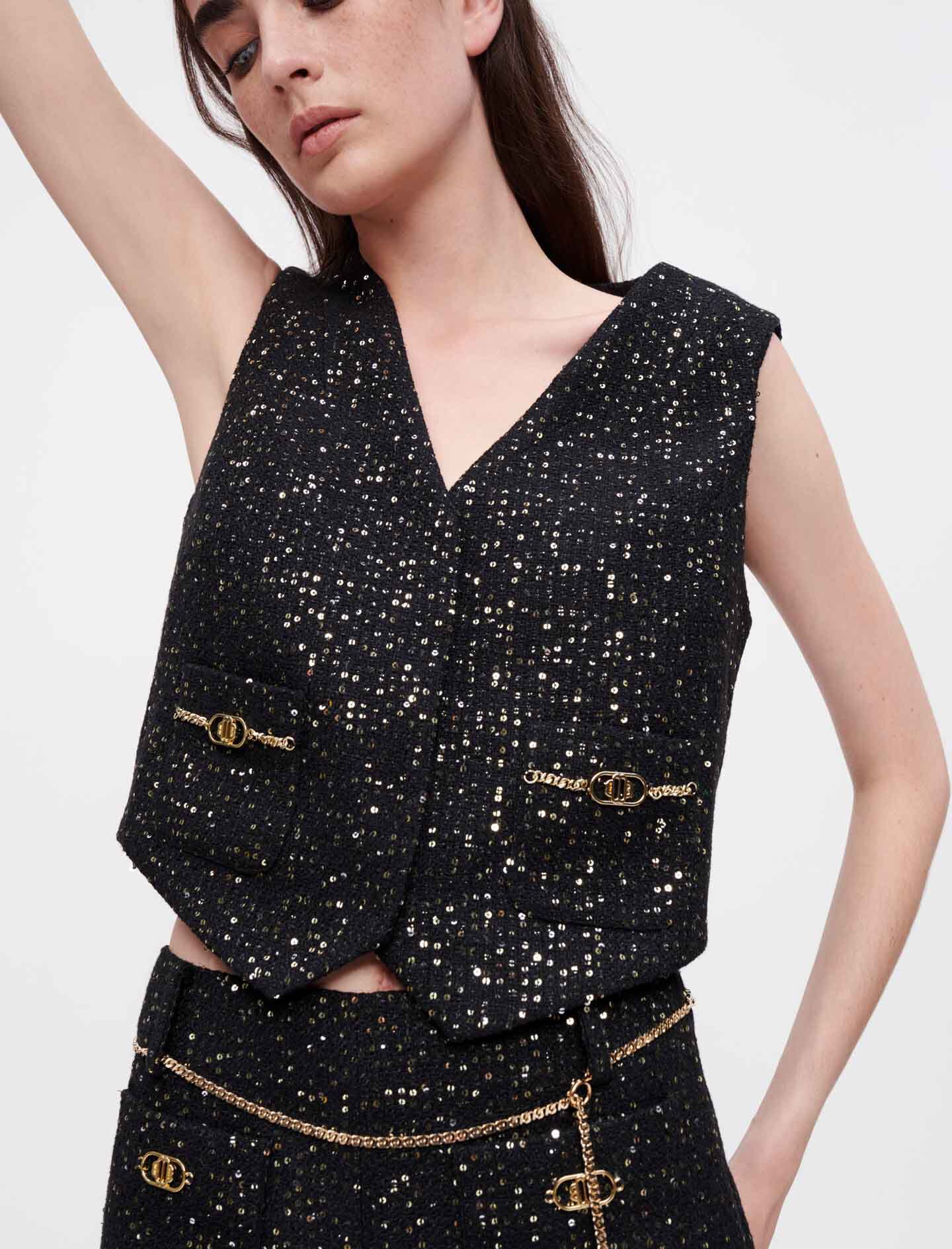 Vestă din tweed cu paiete - Negru
