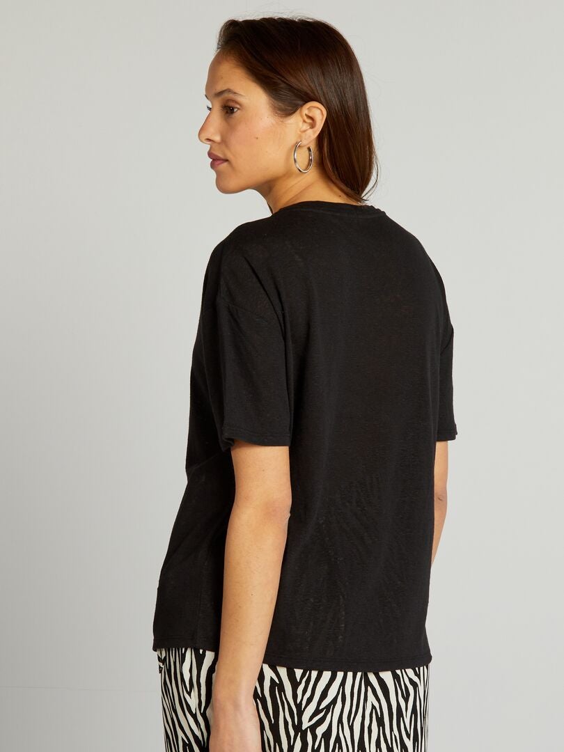 Camiseta de gola redonda em linho - preta