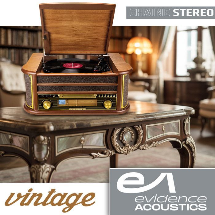 Evidence Acoustics EA-PL400 Plattenspieler – 33/45/78 Vinyl, 60 W PMPO, UKW-Radio, CD, Kassette, Bluetooth, USB, Aufnahme, Retro-Design, Holz
