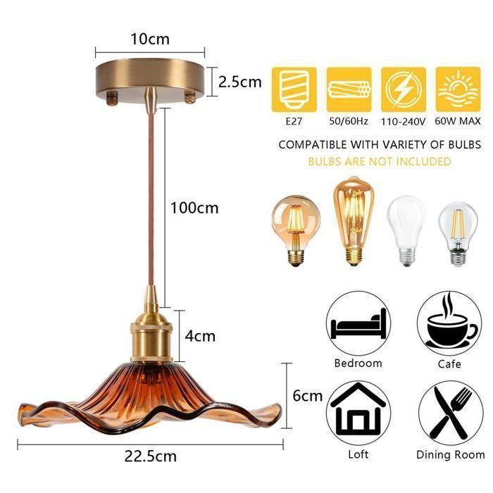 Suspension - Feuille de lotus ambre - Abat-jour verre - 2x E27 - Style scandinave vintage
