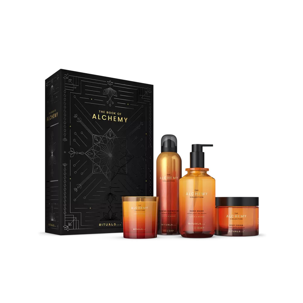 Coffret cadeau Collection Alchimie : crème pour le corps 175 ml, gel douche moussant 200 ml, savon pour les mains 300 ml, bougie parfumée 140 g