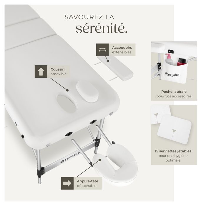 Table de massage - TECTAKE - Table de soin pliante 3 zones réglable en hauteur 212 x 103 x 90 cm - Blanc