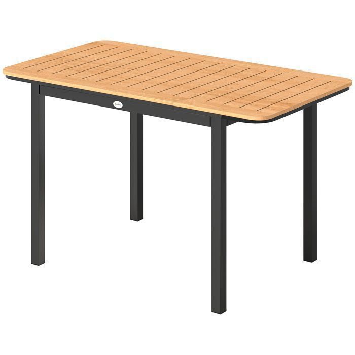 Mesa de jardín rectangular de madera compuesta con estructura metálica y tablero de listones, 127x70cm, color marrón [sillas no incluidas].