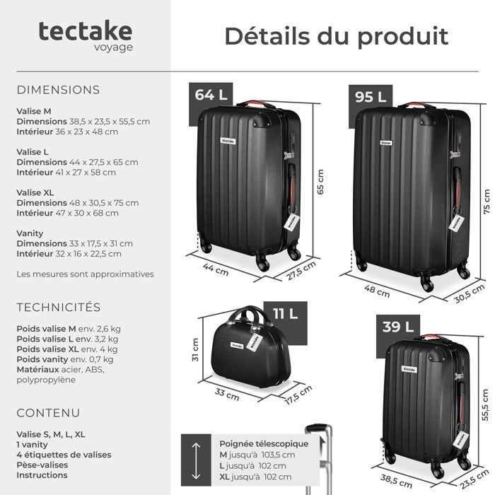 Juego de equipaje - TECTAKE - Juego de 4 maletas rígidas CLEO, báscula para equipaje, apilables, ruedas de 360°, cerradura de combinación - Negro