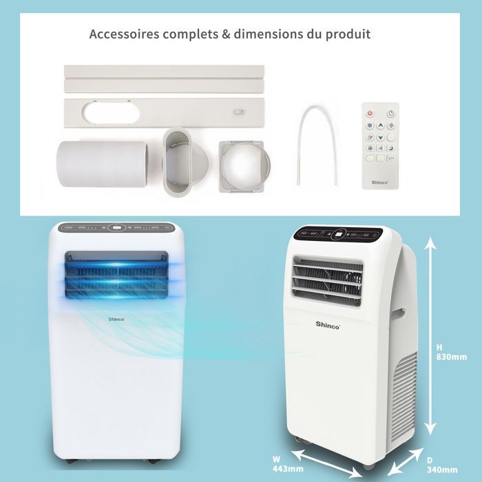 SHINCO 3-en-1 12000 BTU Climatiseur Mobile, Ventilateur, Déshumidificateur, Télécommande, Eco R290, Classe énergétique A