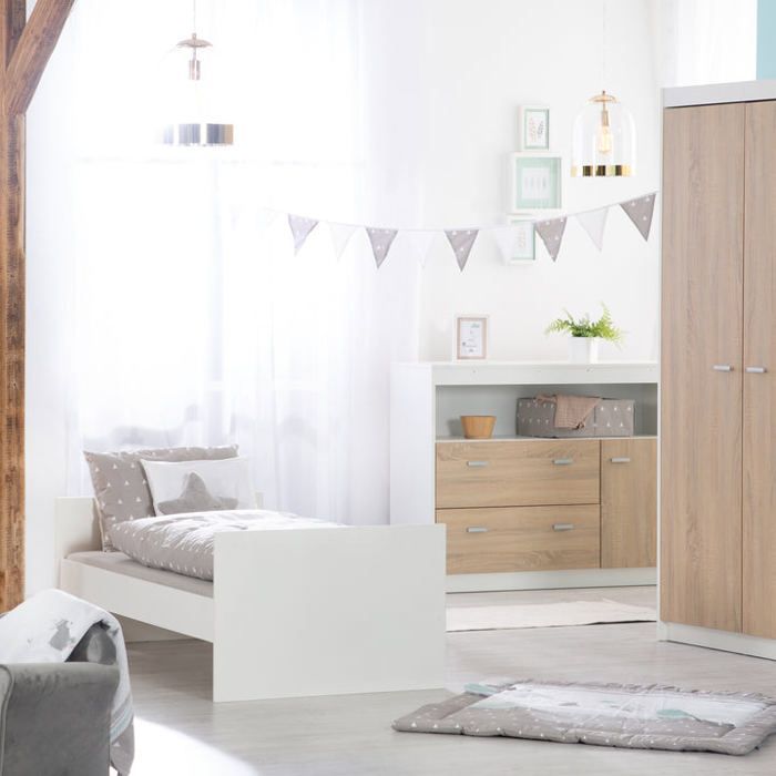 Conjunto completo para habitación infantil Gabriella ROBA: cuna convertible de 70x140 cm + cambiador + armario de 3 puertas - Blanco / Roble aserrado