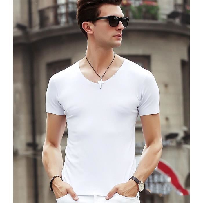 4er-Pack Herren-T-Shirts mit V-Ausschnitt, kurzen Ärmeln, Stretch, schmaler Passform, Sommeroberteile, Unifarben – Weiß/Schwarz/Blau/Rot