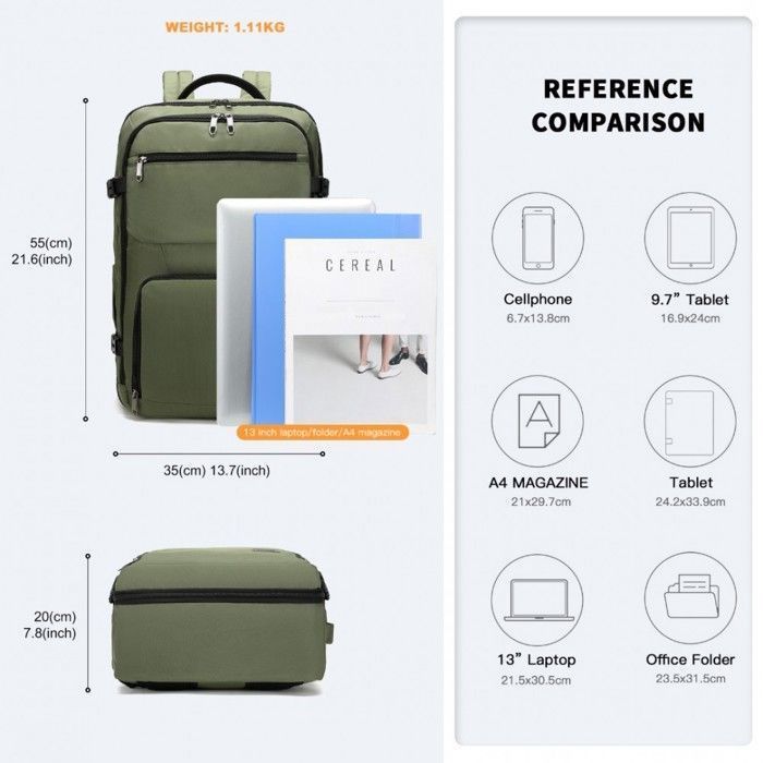 Mochila de viaje de gran capacidad de 55x35x20cm, equipaje de mano para portátil, bolsa de cabina para Easyjet, verde.