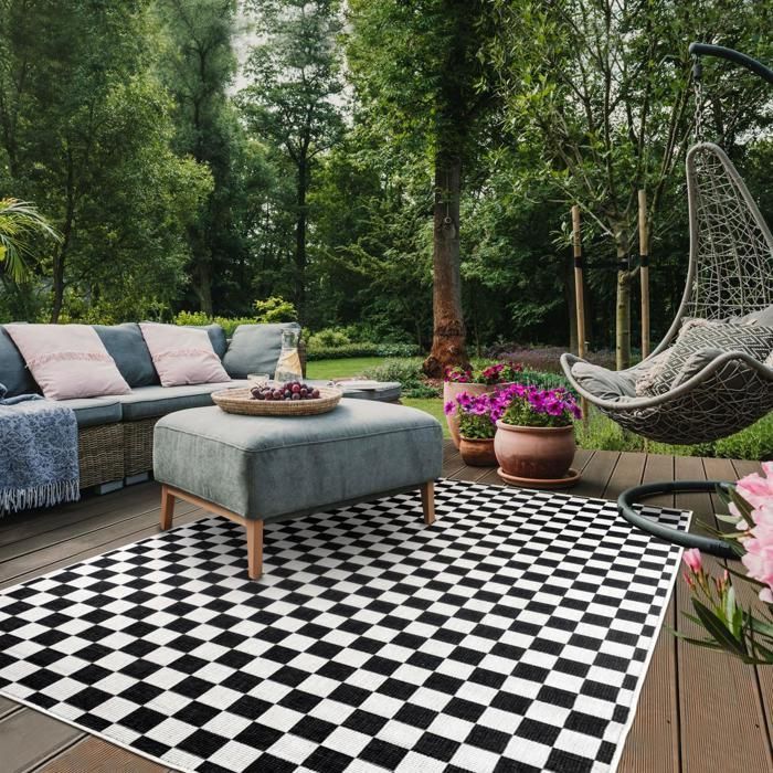Outdoor rug, reversible kilim 160x230 checker pattern LYN2 X REVERSIBLE black and white