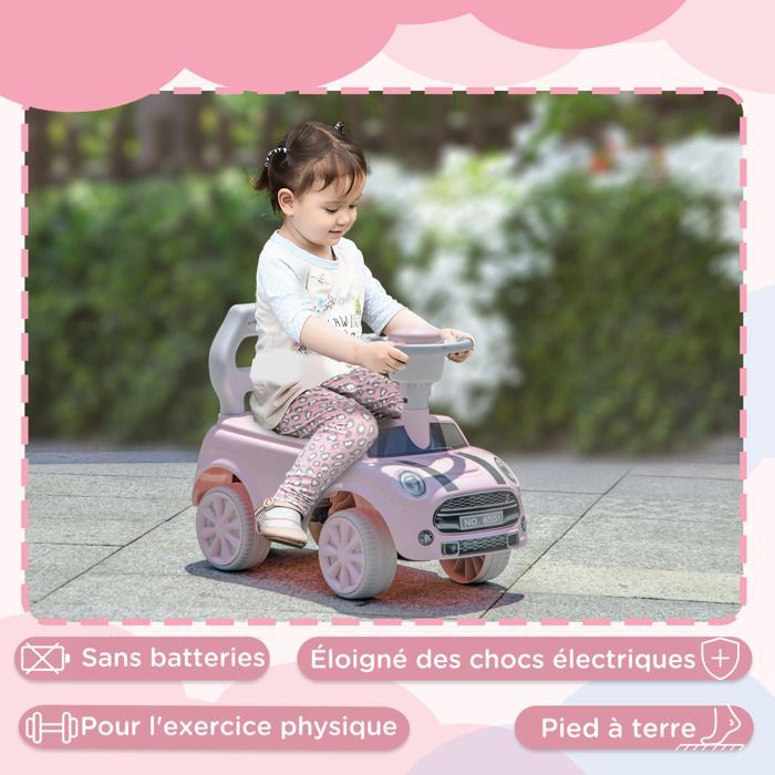 Coche de juguete para niños de 18 a 36 meses con volante, claxon y sistema antivuelco. Capacidad de carga de 25 kg. 53 x 25 x 35 cm. Rosa.