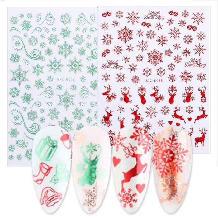 Autocollants holographiques 3D rouges et verts pour ongles - Ensemble de décoration de Noël avec flocons de neige et élans - Décoration d'ongles scintillante - Cadeau de Nouvel An