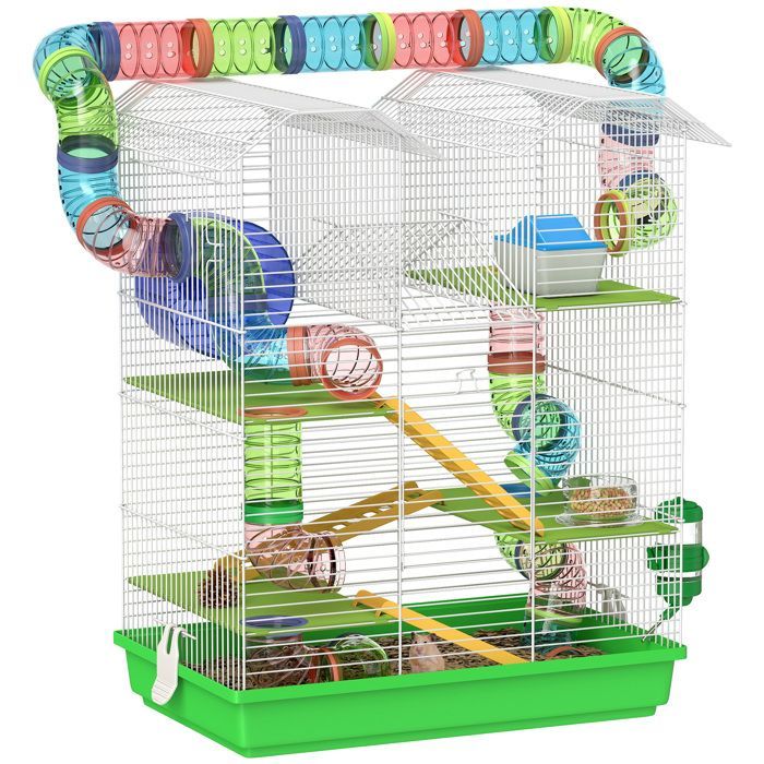 Jaula para hámster - PawHut - con túnel, comedero, rueda y juguete - para ratones y pequeños roedores - 47 x 30 x 59 cm - verde