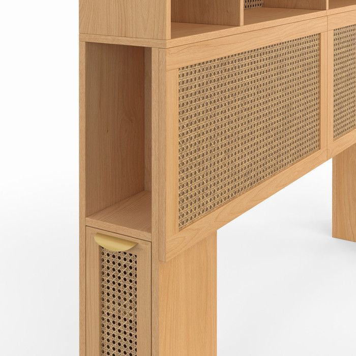 Cabecero IDMARKET EDHEN de 145 cm con almacenamiento cerrado y nichos de caña y madera.