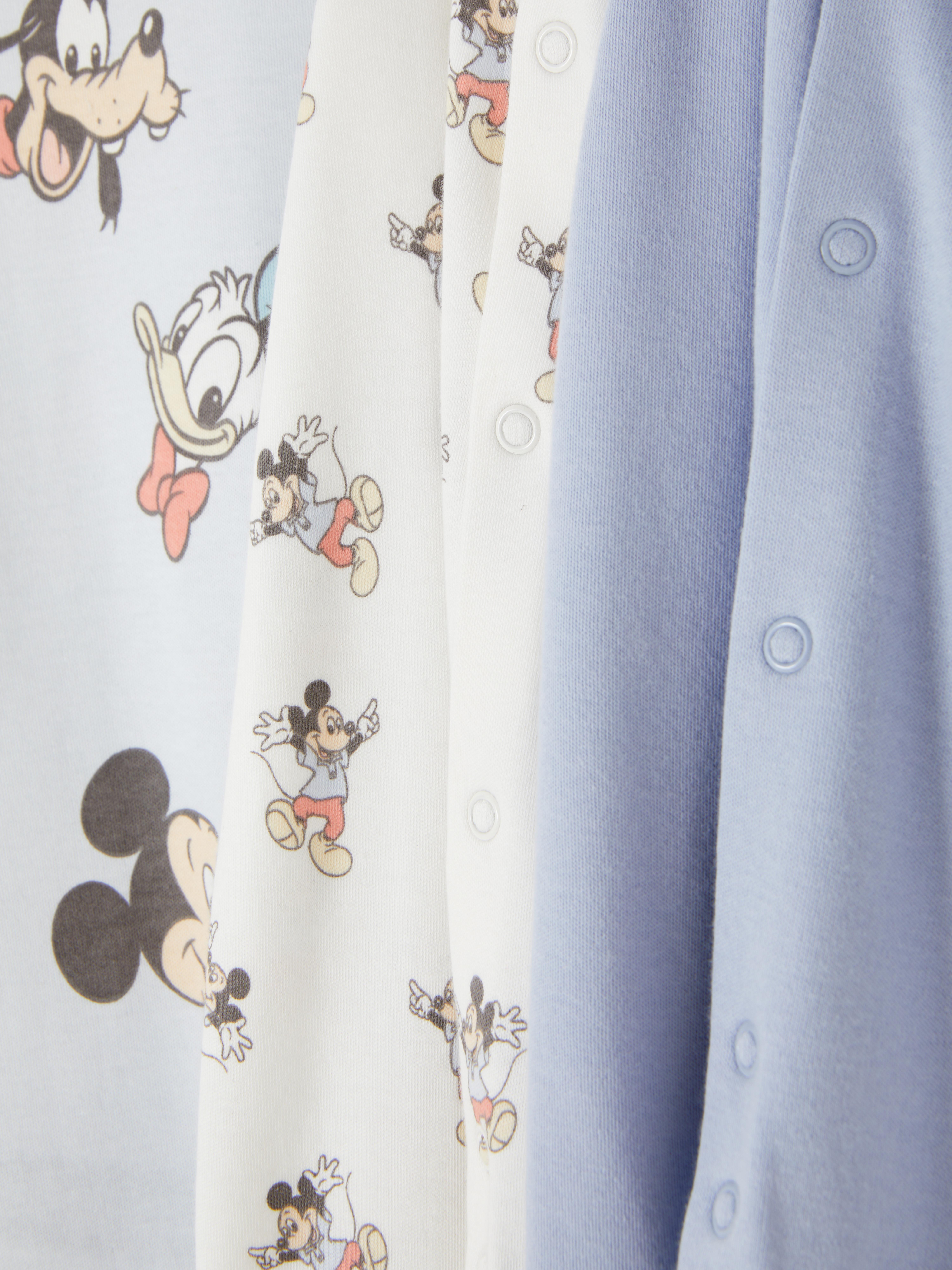 Pijamale Disney Mickey Mouse, set de 3 salopete Disney pentru bebeluși cu mâneci lungi, închidere cu nasturi și piciorușe atașate