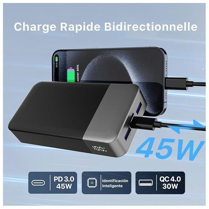 Nobis 20000mAh 45W externe batterij, powerbank met 4 poorten, snelladen, digitaal led-display, compatibel met MacBook en telefoons, zwart