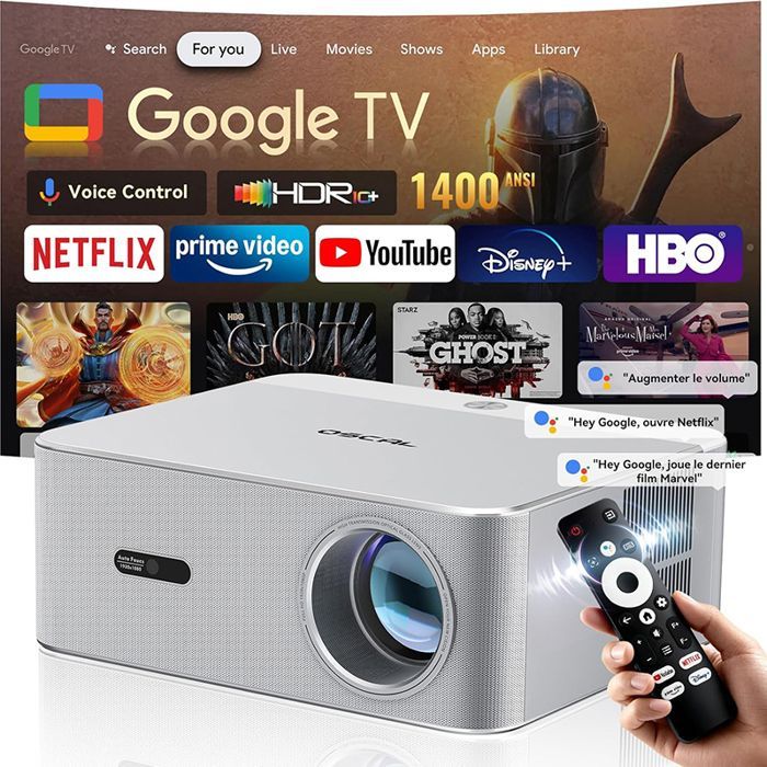 OSCAL PV800 Pro — Vidéoprojecteur portable 4K Google TV, HDR10+, Full HD natif, Autofocus, Wi‑Fi 6