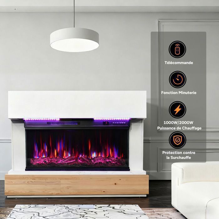 HOMAVO 36'' Cheminée Électrique, 1000/2000W, Flamme 3D, Bandeau LED, Télécommande, Minuterie, Sécutité Surchauffe, Meuble incluse