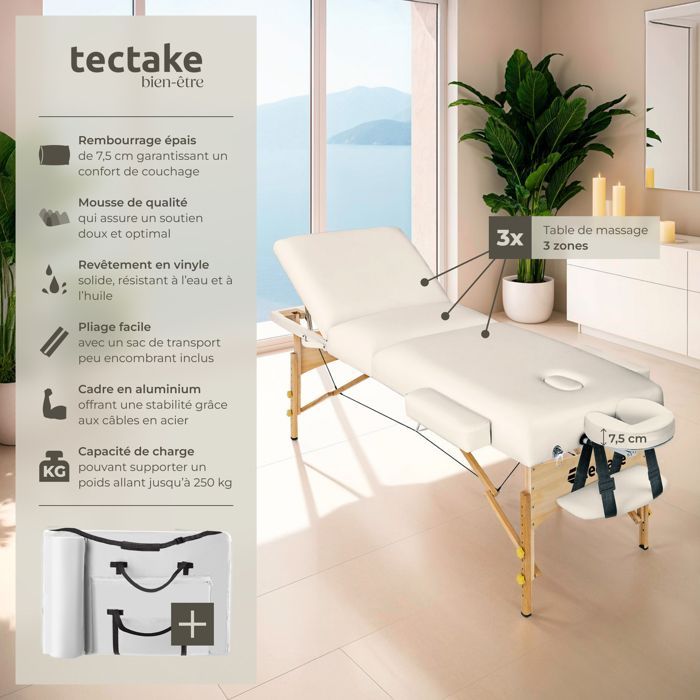Camilla de masaje - TECTAKE - SOMWANG Camilla de tratamiento portátil de 3 secciones con bolsa de transporte 218 x 102 x 90 cm - Beige