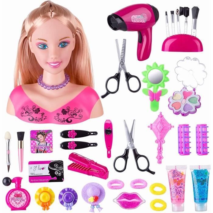 Tete à Coiffer et Maquiller Enfant Pretend Playset, 34Pcs Styling Tête Poupée Coiffure Jouet avec Sèche-Cheveux