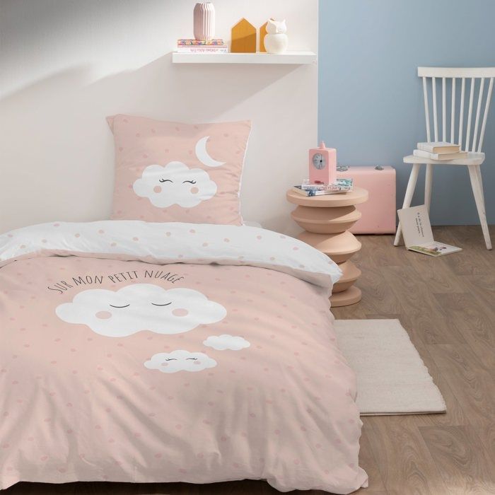 Kinderbettwäsche-Set, 100 % Baumwolle – MATT & ROSE – CLOUDS – Weiß/Rosa – 140 x 200 + 63 x 63 cm