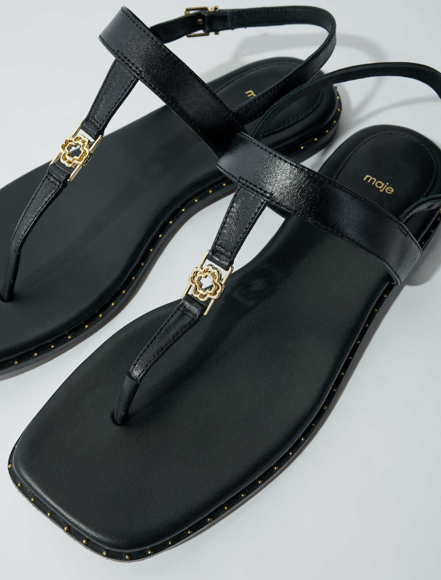 Platte sandalen met leren bandjes - Zwart