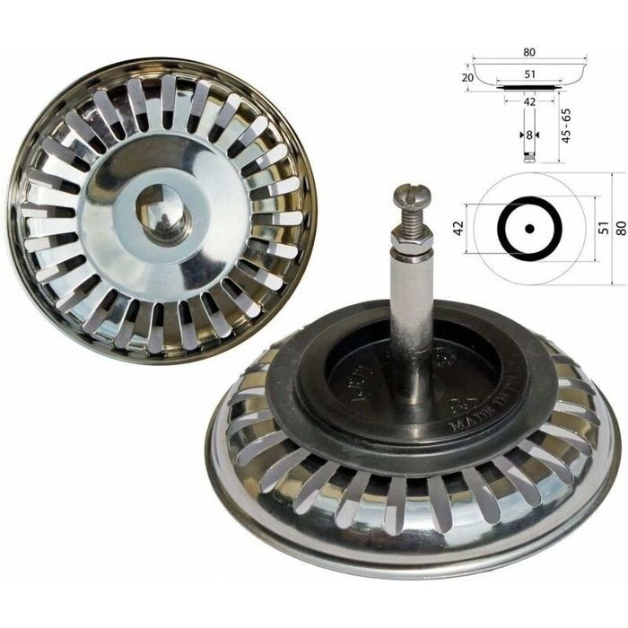 Filtro di scarico universale in acciaio inox con cestello Ø80 mm per lavello con comando decentrato - guarnizione Ø51 mm