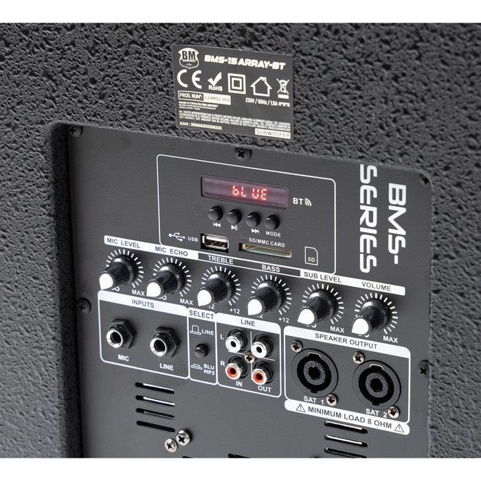 Complete DJ sound pack BM SONIC BMS-15-ARRAY-BT, 1200W, Satellite speakers, 38cm USB/Bluetooth subwoofer, Cable supports