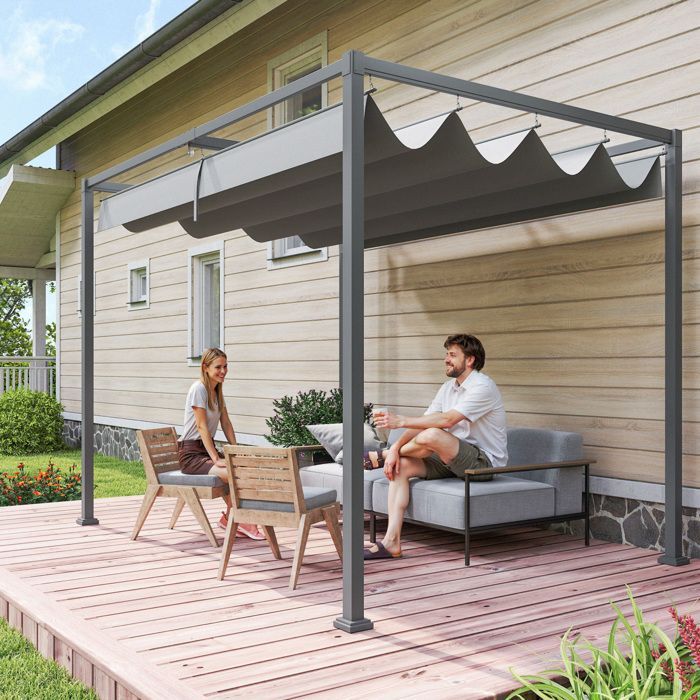 Pergola coulissante rétractable - Outsunny - structure anticorrosion toile haute densité 180 g/m² - métal - 3 x 2 m - gris