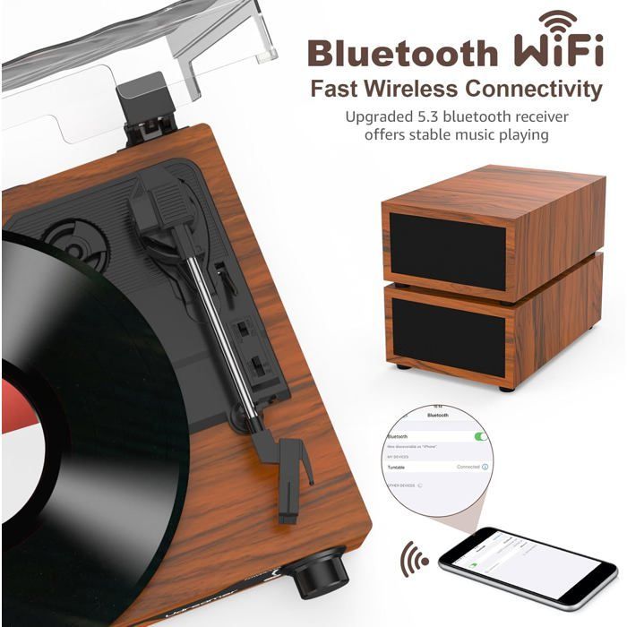Vintage Bluetooth-Plattenspieler, 3 Geschwindigkeiten, Stereolautsprecher, RCA- und Aux-Eingang, tragbar, automatische Stoppfunktion