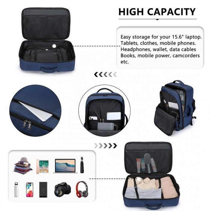 Mochila de viaje de gran capacidad de 55x35x20cm, equipaje de mano para portátil, bolsa de cabina para Easyjet, color azul marino.