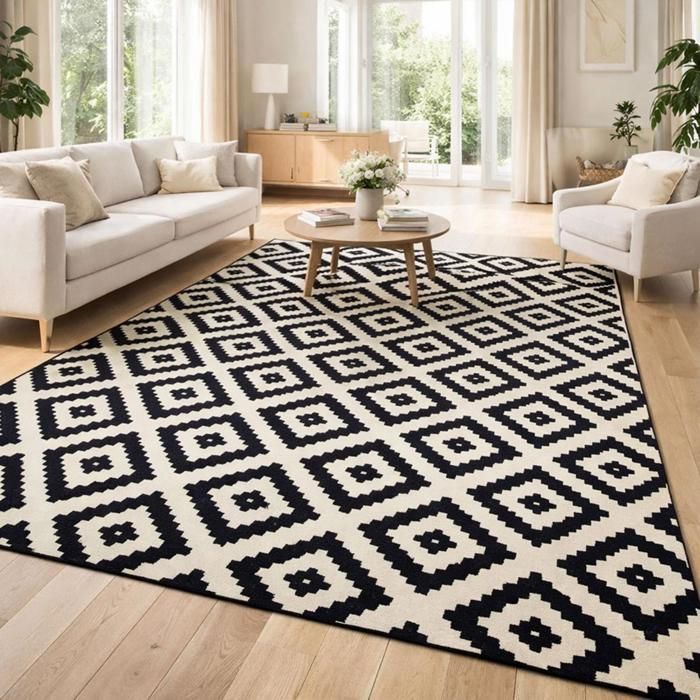tapis salon 160x225 tissé crème rectangle motif scandinave LYN1 ROMA