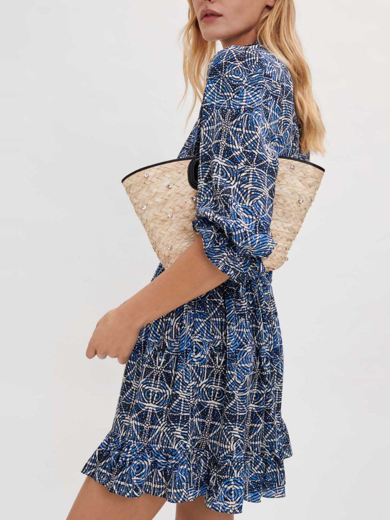 Kuvioitu viskoosirypytetty mekko - Indigo