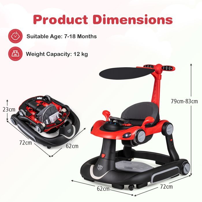 Andador conversível 7 em 1 COSTWAY para bebês - Altura/Velocidade ajustáveis - Luzes e música - Assento removível e anti-tombamento - Preto e vermelho