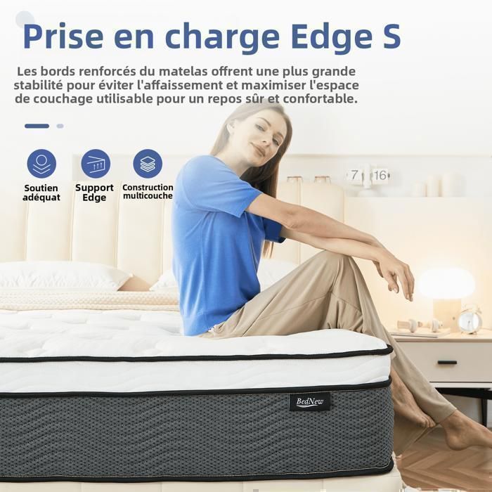 Bednew Hybride Matelas 140x200 cm, Épaisseur 31 cm, H3 Moyenne Ferme, Ressorts Ensaché, Mousse à Mémoire de Forme, Respirabilité